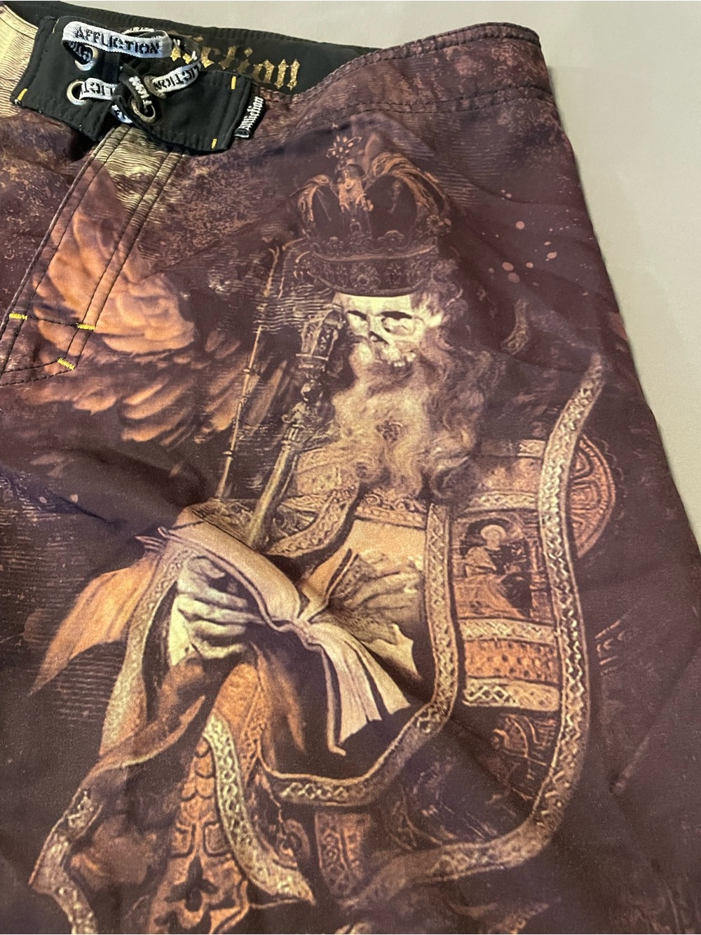 Affliction Men's Swim Shorts in Maroon and Gold Logo